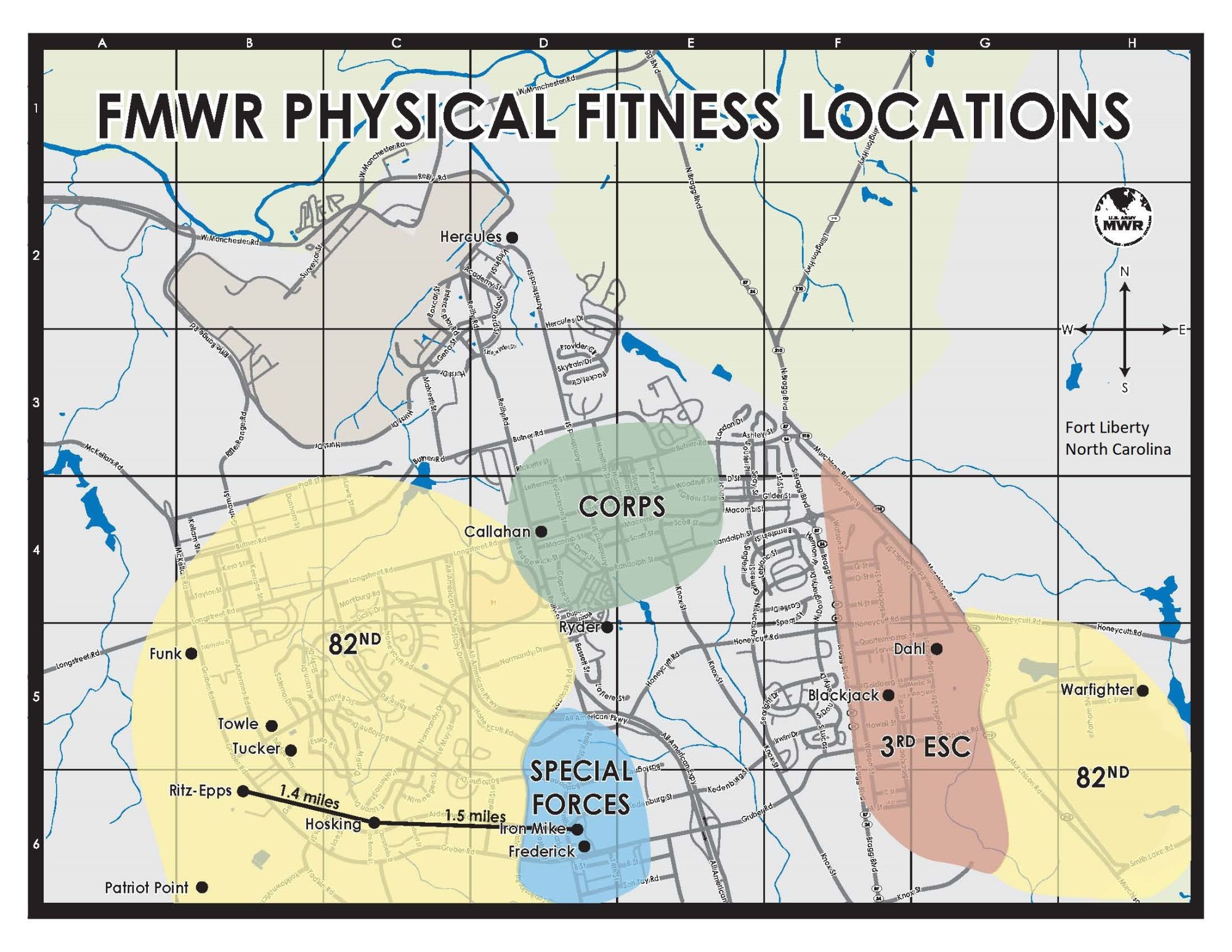 Map of Fort Liberty, NC Fitness Center Locations